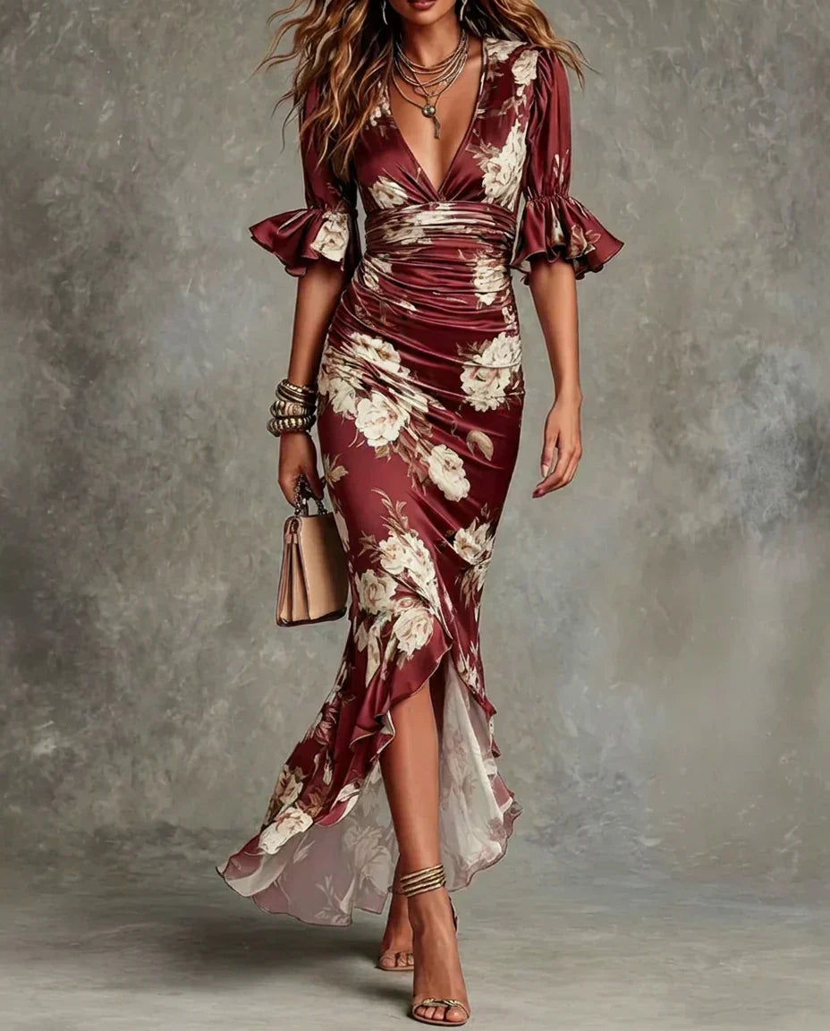 Liora | Vestido de Satén Floral Fruncido