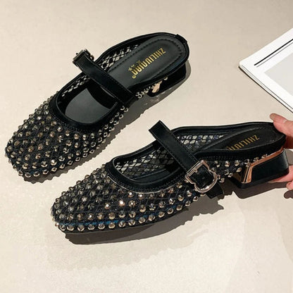 MONTAIGNE™ | Sandalias Tipo Mule con Punta Cuadrada y Pedrería de Malla